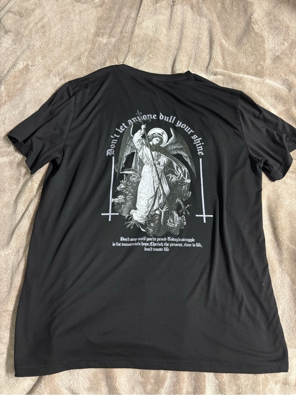 SHEIN Black Short-Sleeve Tee with White Angel Back Graphic